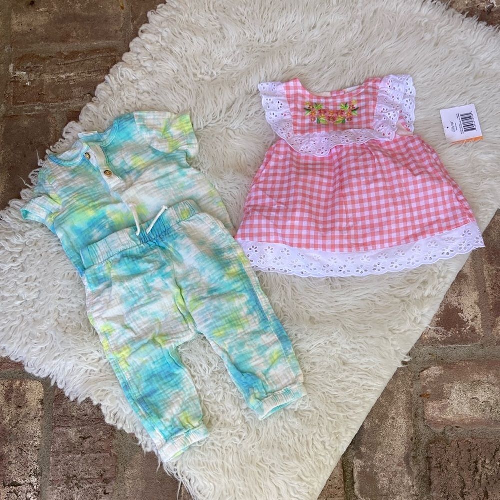 Girls Toddler Bundle Little Me Eyelet Lined Dress One Tye Dye Outfit 12 M New